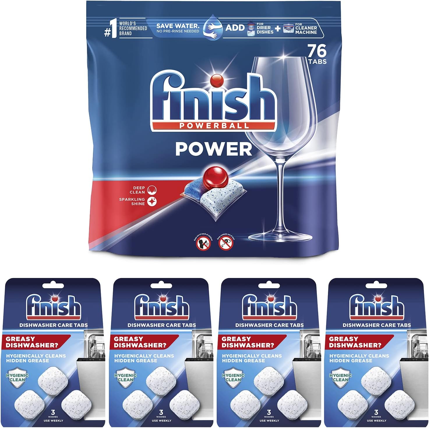 Set: Finish Power - 76ct - Dishwasher Detergent - Powerball - Dishwashing Tablets - Dish Tabs & Finish In-Wash Dishwasher Cleaner: Clean Hidden Grease and Grime, 3 Count (Pack of 4)