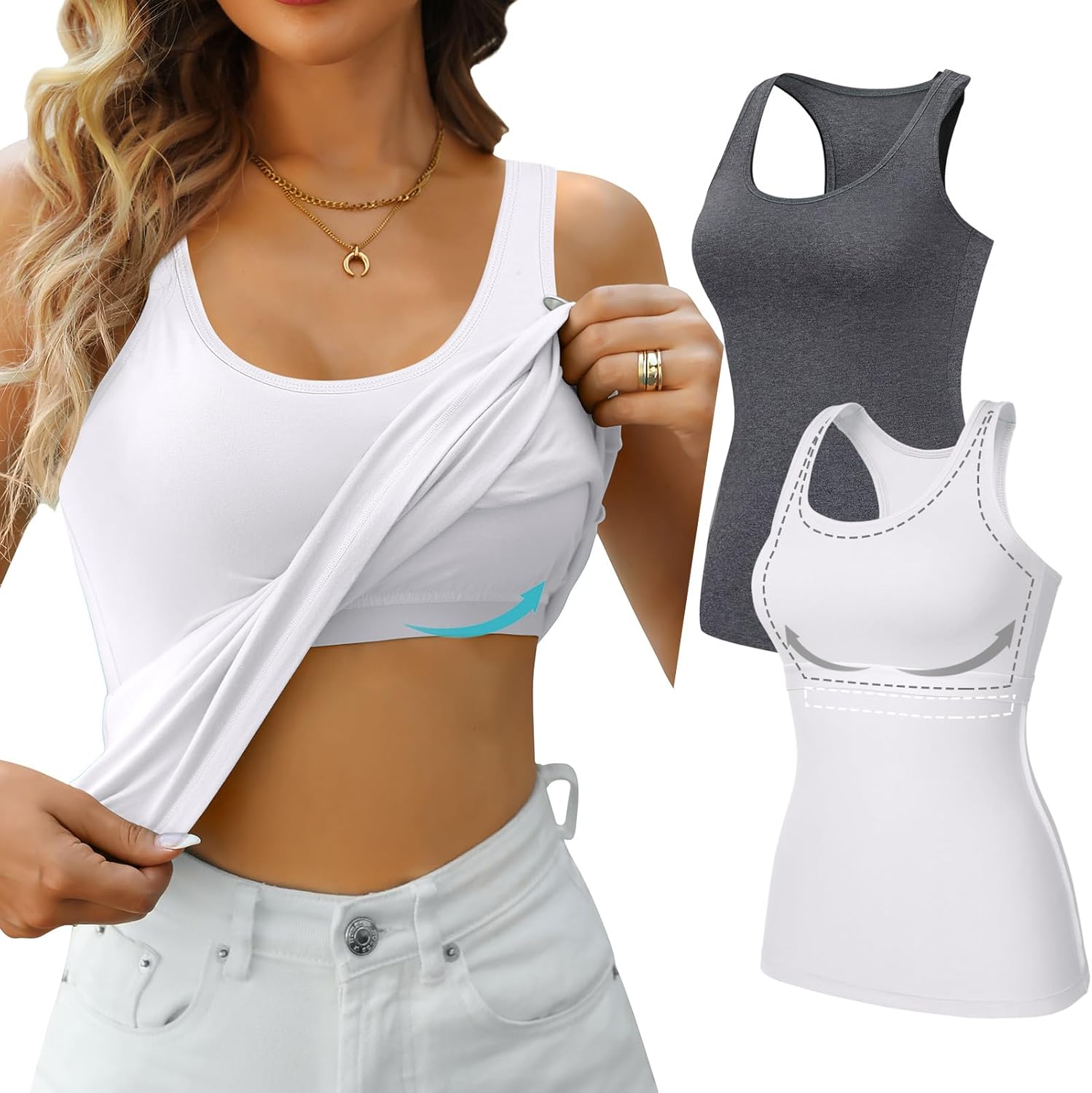 V FOR CITY Womens Shelf Bra Tank Tops Racerback Workout Camis Yoga Shirt Cotton Undershirt 2 Pack
