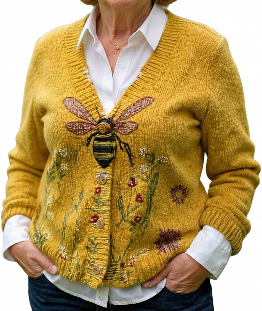 TIAFORD Women's Boho Knitted Cardigan, Art Print V-Neck Button-Down Loose Casual Sweater for Daily Wear