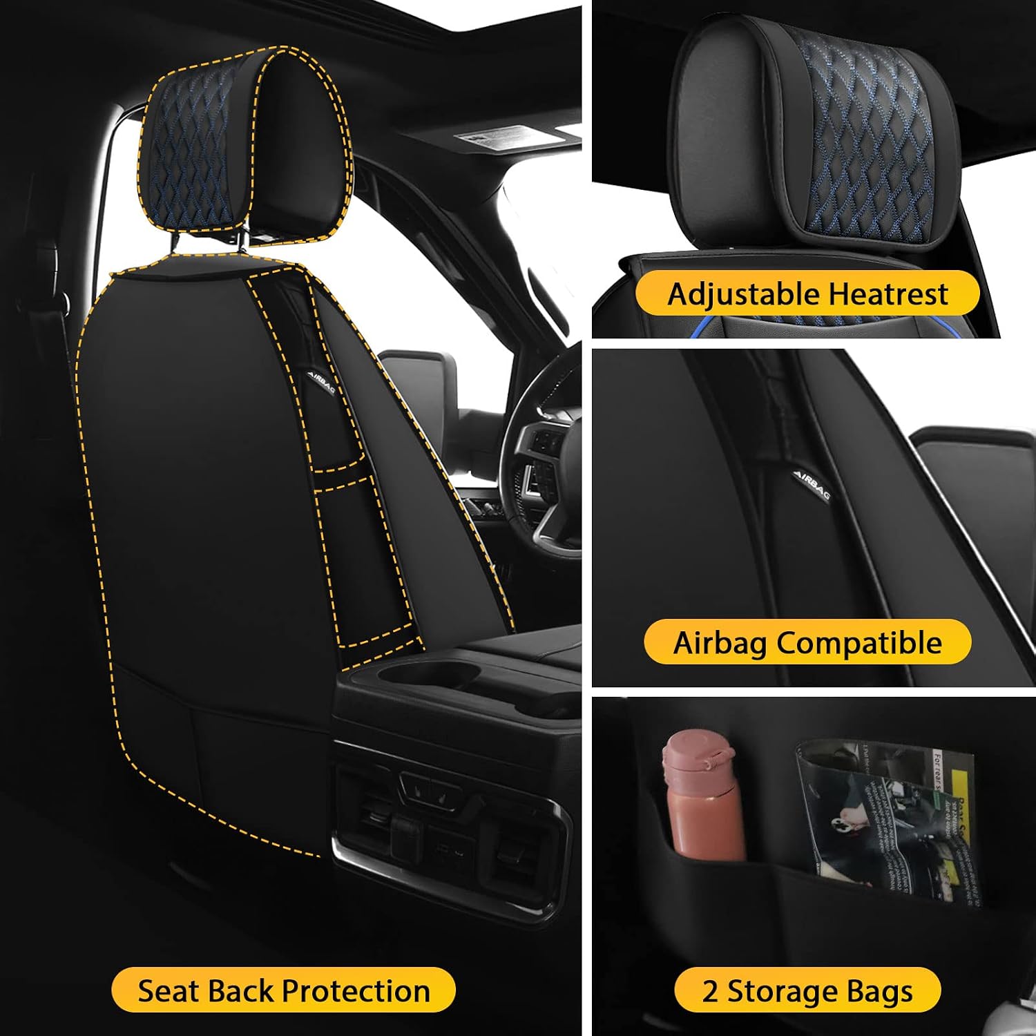 Octomo Seat Covers Full Set Compatible with Chevy Silverado GMC Sierra Custom Fit 2007 to 2025 1500 2500HD 3500HD Crew Double Extended Cab Pickup Truck Leather Seat Cover (5 Pcs Full Set, Black Blue)
