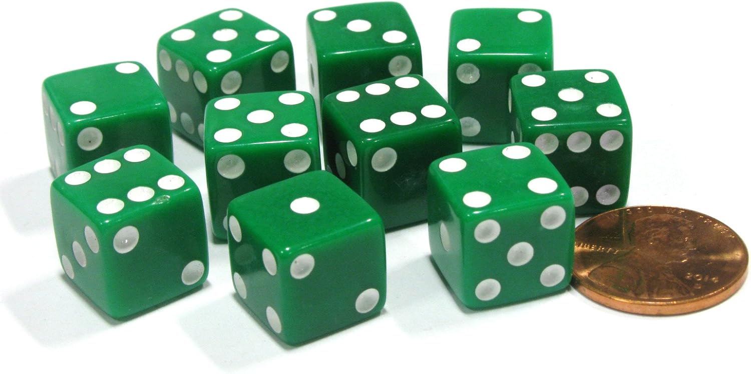 Set of 10 Six Sided D6 12mm Square Dice Green