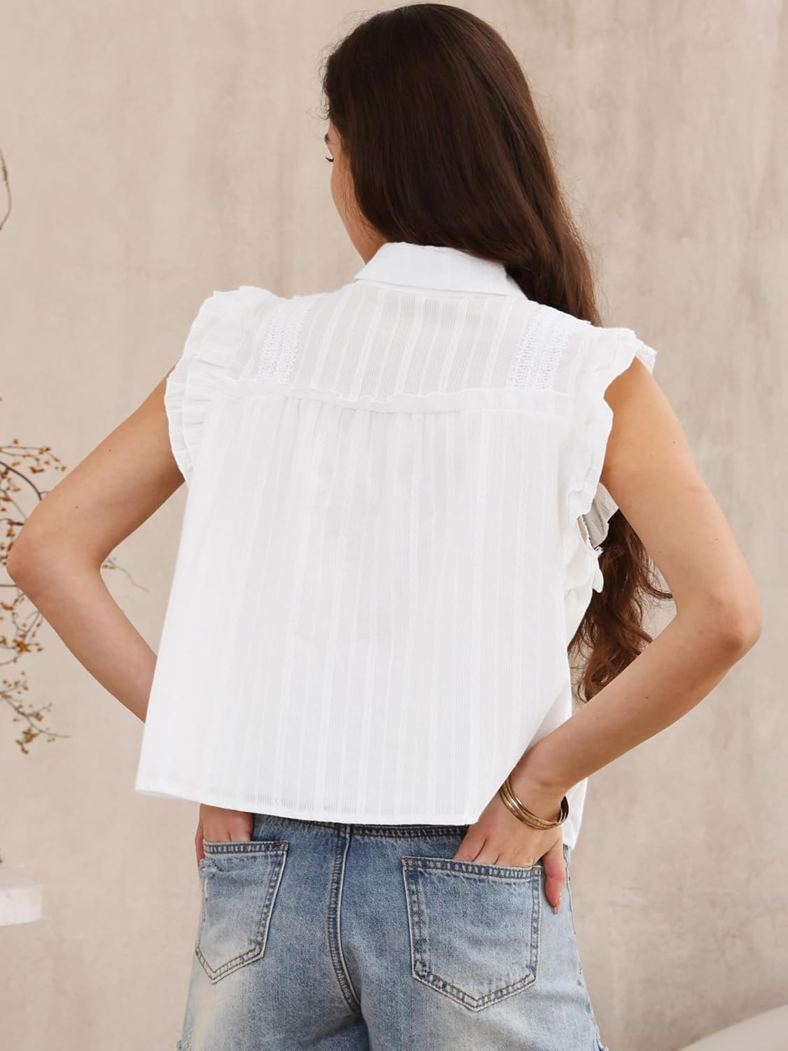 Allegra K Summer Tops for Women's Button Up Collared Cap Sleeve Ruffle Casual Top Blouses - Image 2