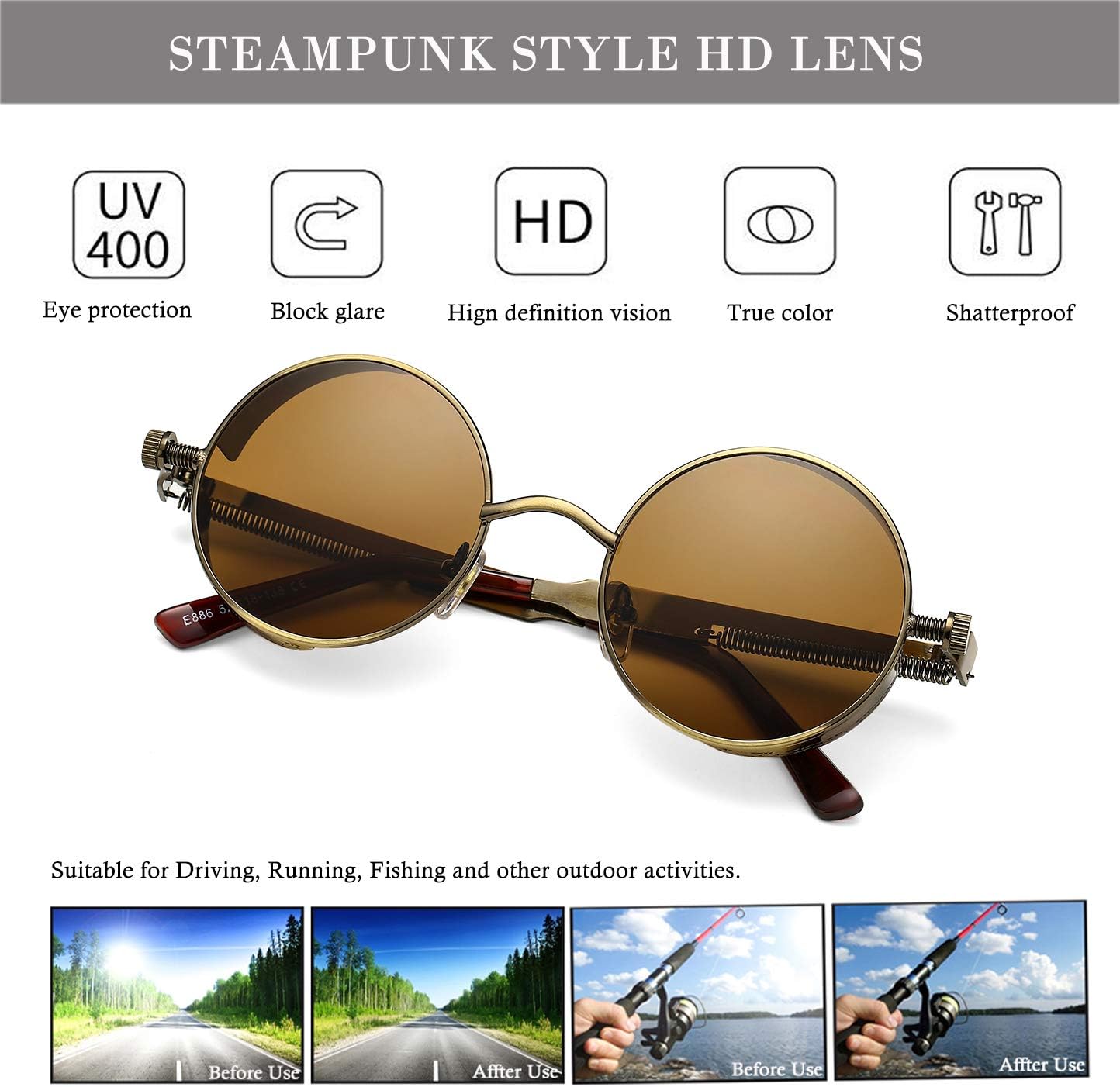 HJSTES Vintage Round Steampunk Sunglasses for Women Men Circle Gothic Glasses Retro Metal Frame - Image 7