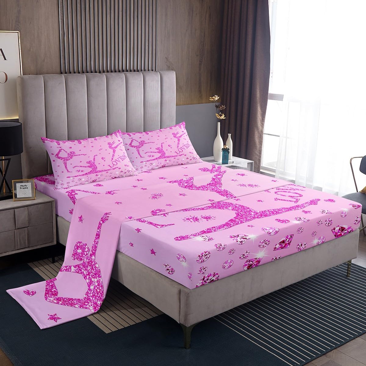 Erosebridal Kids Glitter Gymnastics Bedding Set Twin Girls Pink Sequins Diamond Bed Sheets for Gymnast,Gymnastics Lover Sheet Set Love Hearts Stars Fitted Sheet + Flat Sheet + 1 Pillow Case