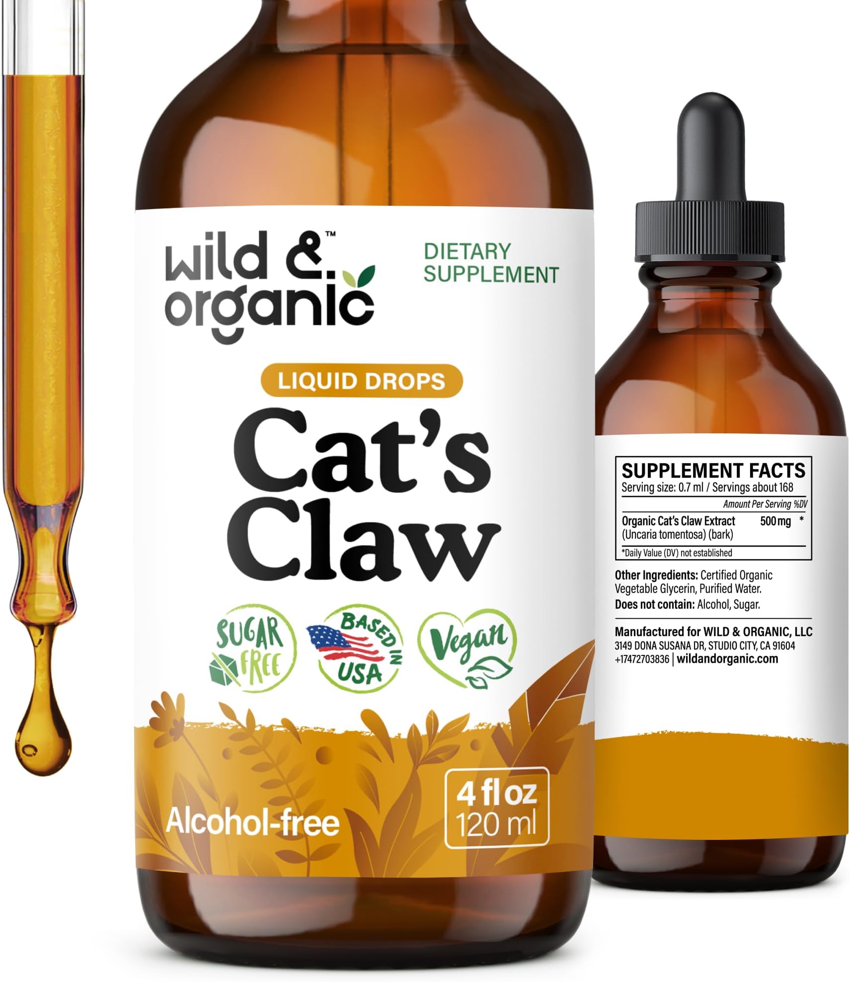 Wild & Organic Cats Claw Herb Supplement - Immune Support - Pure Cats Claw Tincture - Add to Tea Liquid Drops - Uncaria Tomentosa Bark - Vegan, Sugar & Alcohol-Free - 4 fl oz
