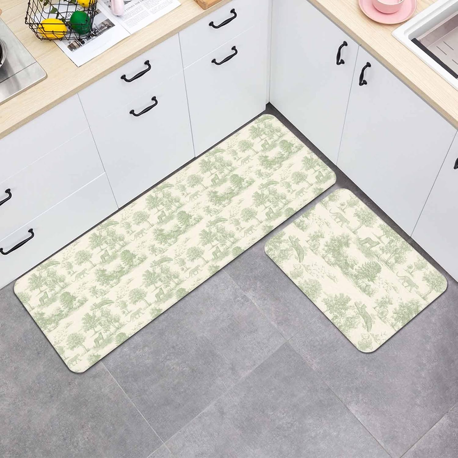 Prime Leader Forest Animal Kitchen Mat Set 2 Pieces Vintage Forest Leopard Animal Green Non Slip Kitchen Rugs Washable Runner Rug Mats for Sink Laundry (15.7" x 23.6"+15.7" x 47.2")