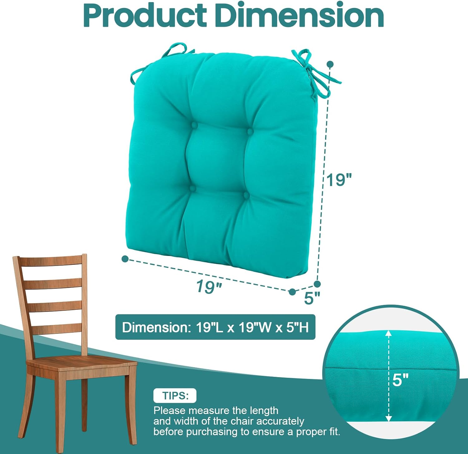 idee-home Outdoor Chair Cushions Set of 4, Patio Chair Cushions Thick 19 x 19 x 5 Inch Tufted Seat Cushions for Outdoor Furniture Waterproof with Ties, Dining Pads Peacock Blue