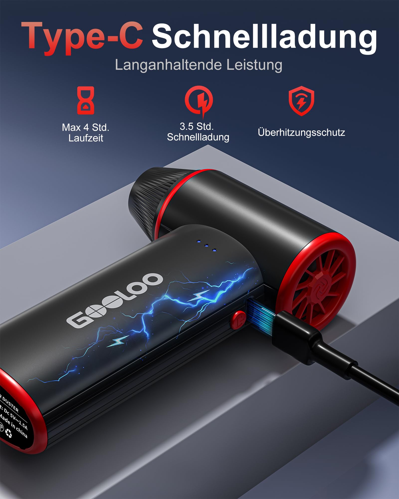GOOLOO F3 150000RPM Kabelloser Mini-Staubgebläse, 3-stufig Einstellbar Bürstenloser Motor Wiederaufladbar, Umweltfreundlich für PC, Tastatur, Auto & A6 Gear 160PSI Elektrische Luftpumpe, Auto-Stopp