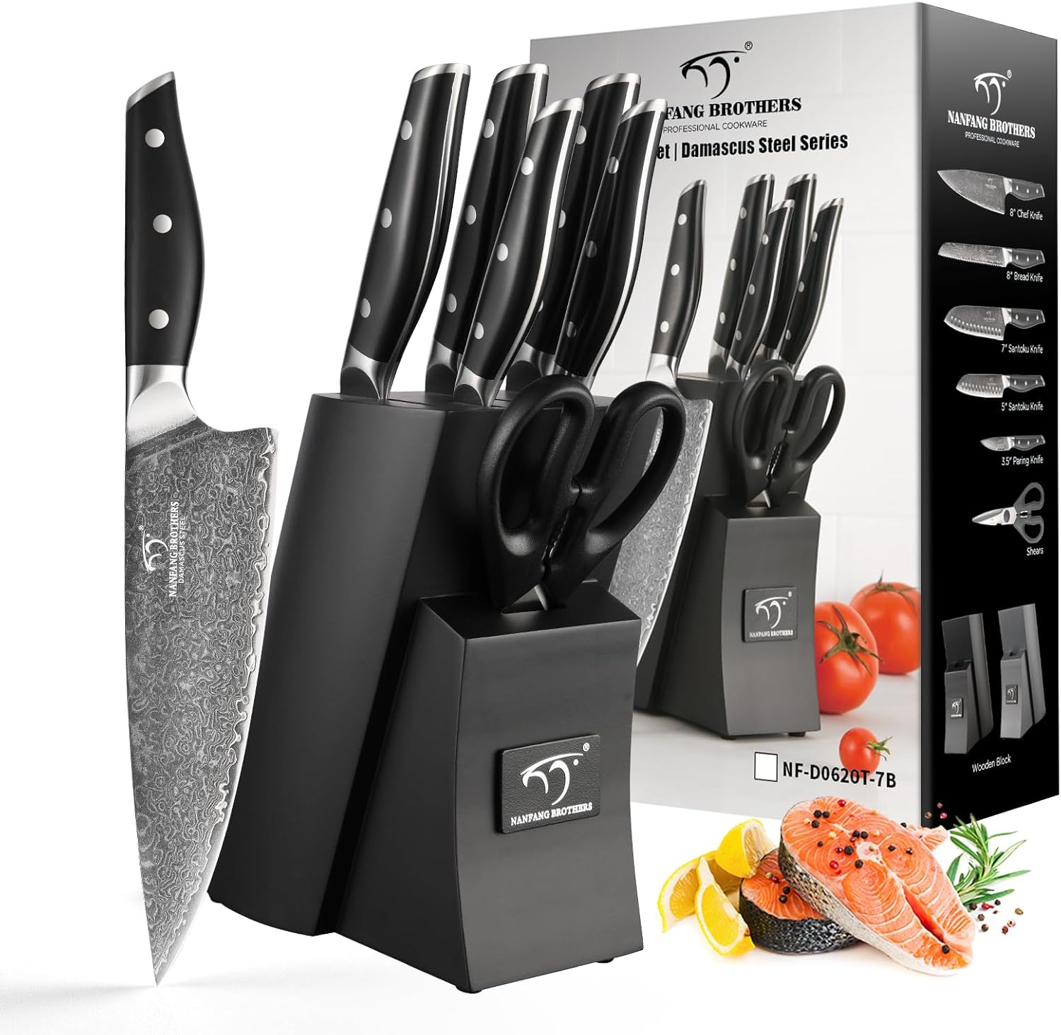 Damascus Knife Set with Block for Kitchen, 7-Piece VG10 Damascus Steel Kitchen Knife Set with Triple-Rivet Handles, Chef, Bread & Santoku Knives, Shears, Natural Wooden Block