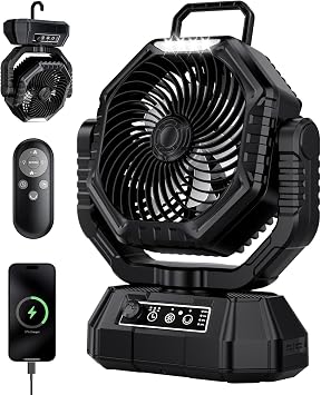 AJVV Camping Fan, Oscillating Battery Powered Portable Rechargeable Hanging Tent Fan with Light and Remote for Camp, Outdoor, Emergency Power Outage, Fishing, RV Travel, Black