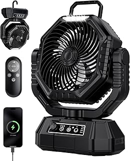 AJVV Camping Fan, Oscillating Battery Powered Portable Rechargeable Hanging Tent Fan with Light and Remote for Camp, Outdoor, Emergency Power Outage, Fishing, RV Travel, Black