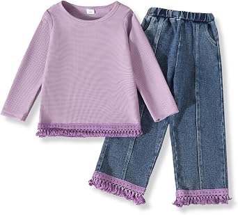 3-7 Years Toddler Girls Pants Set - Tassel Top & Washed Denim Pants Fall Winter Clothing Outfits Set for Girls