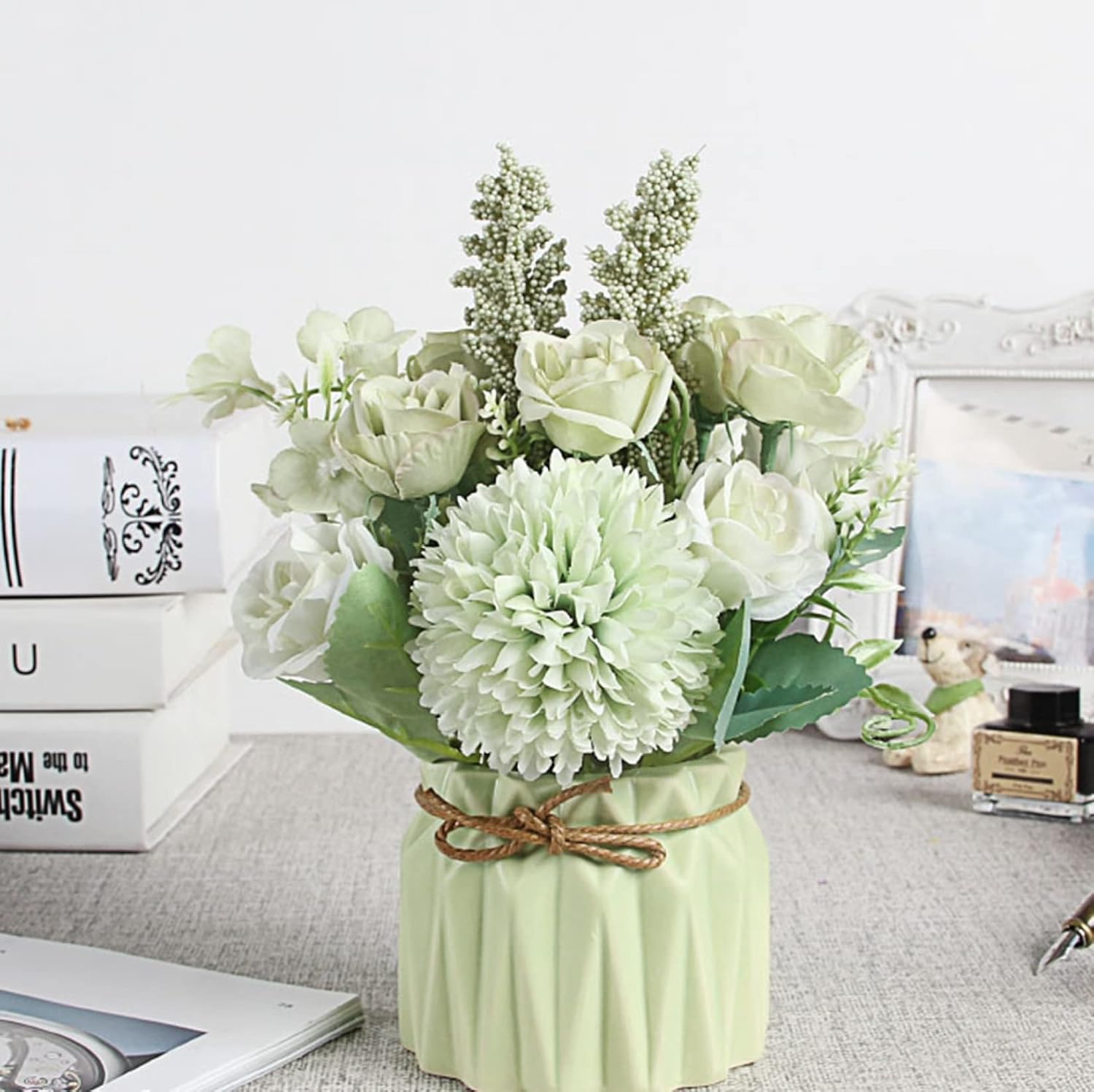 造花 バラ ダリア セラミック花瓶付き インテリア 小さい ミニ 枯れない花 花束 観葉植物 ブーケ 鉢植え 盆栽 誕生日 ウェディング 結婚式 ギフト プレゼント 置ける 飾る おしゃれ cm