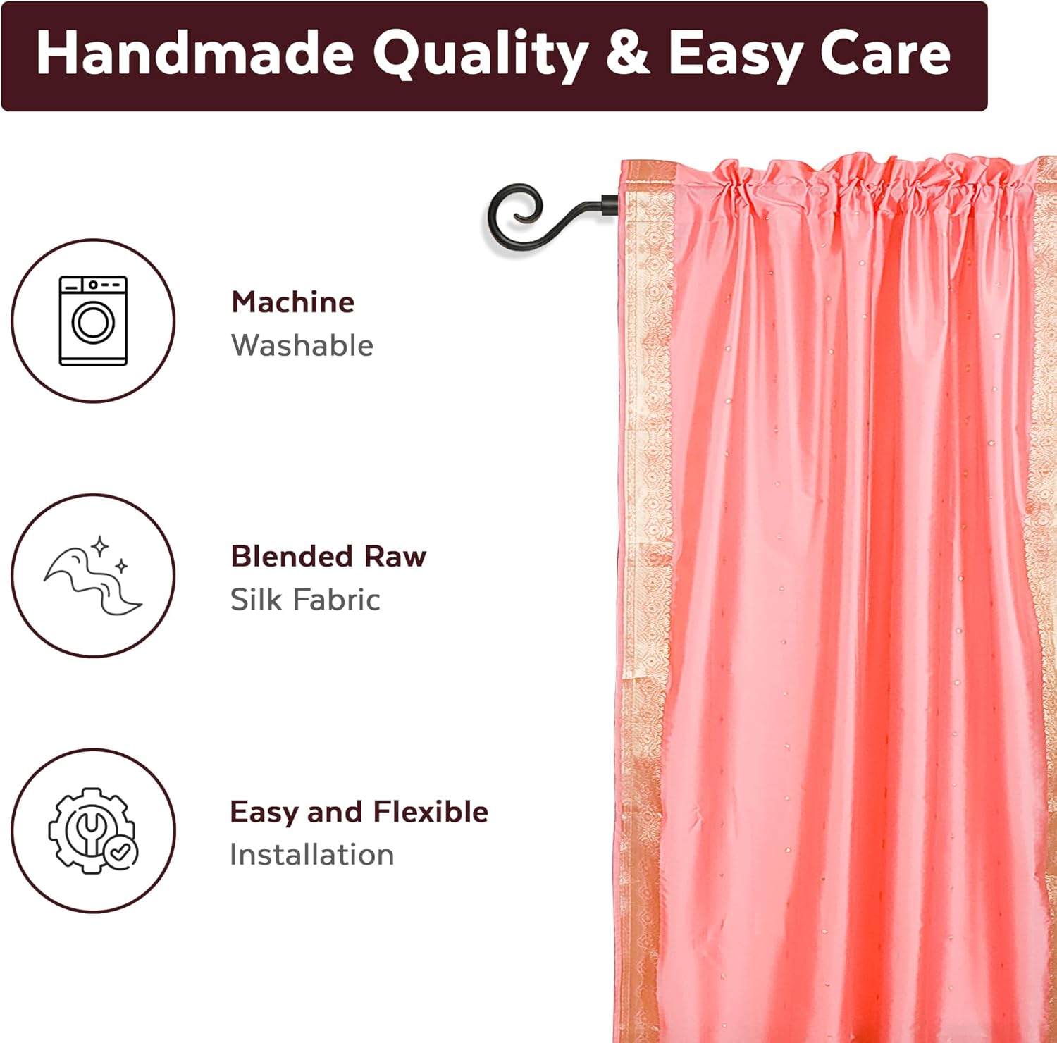 Indian Selections Pink Rod Pocket Sheer Sari Café Curtain/Drape/Panel - 43W x 24L - Piece