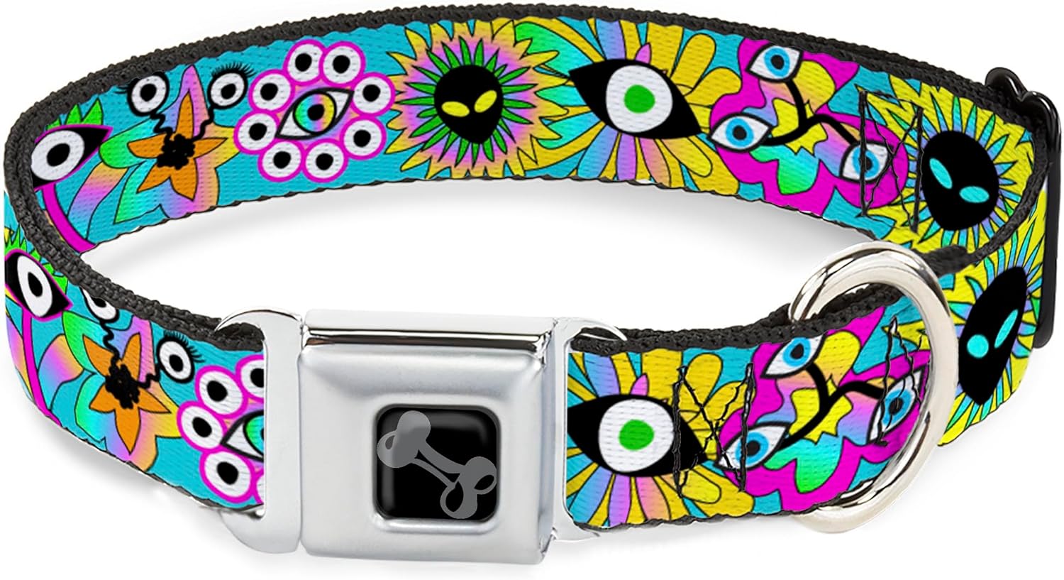 Buckle-Down Pet Collar, Dog Collar Metal Seatbelt Buckle, Funky Alien Flowers Aqua Blue Multi Color, 11 to 16.5 Inches 1.0 Inch Wide