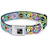 Buckle-Down Pet Collar, Dog Collar Metal Seatbelt Buckle, Funky Alien Flowers Aqua Blue Multi Color, 11 to 16.5 Inches 1.0 Inch Wide