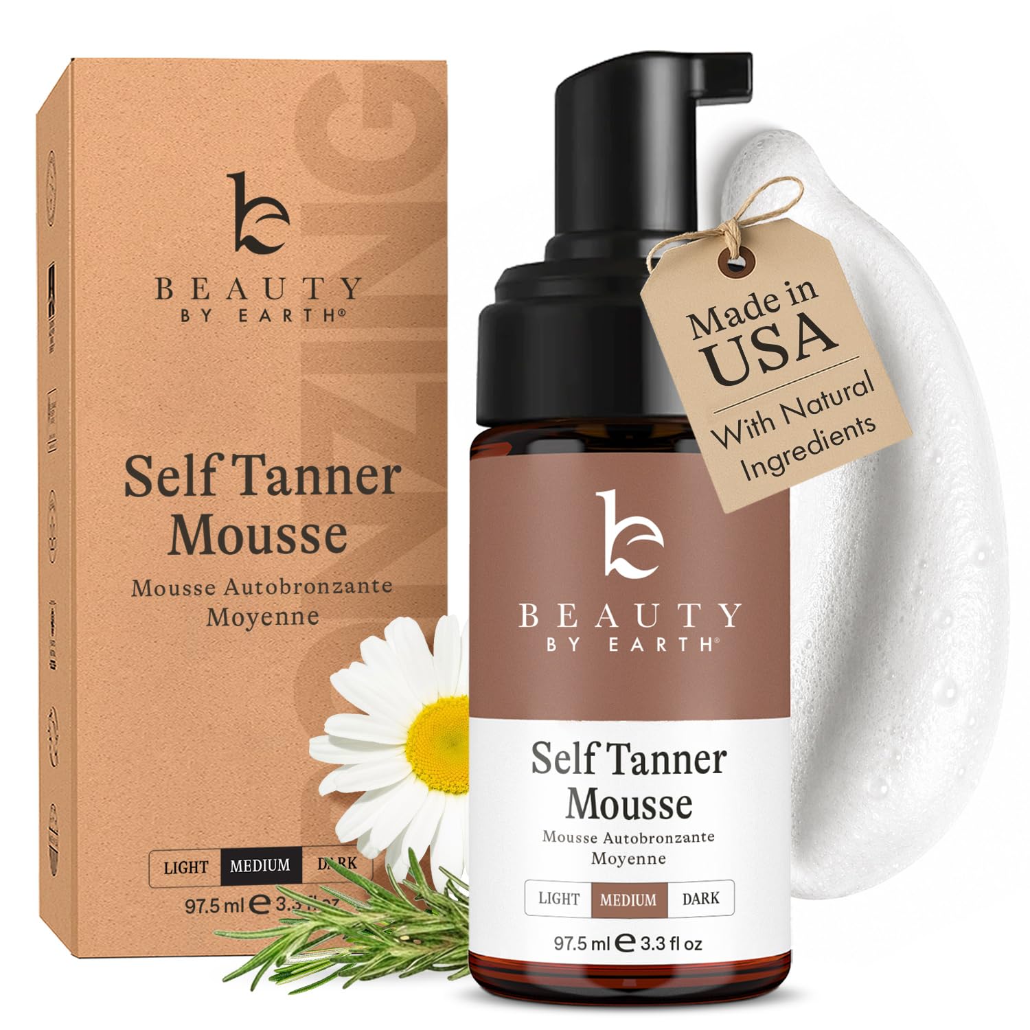 Self Tanner Mousse - USA Made with Natural & Organic Ingredients, Self Tanning Mousse for Dark Fake Tan, Sunless Tanner, Clear & Non Toxic Tanning Foam for Streak Free Finish & Natural Glow