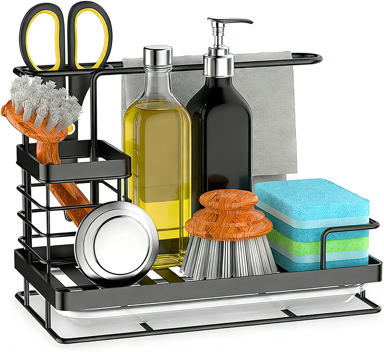 Sink Brush Holder with Towel Rack Kitchen Countertop Organizers and Storage Black Sponge Holder for Kitchen Women Gifts Sink S