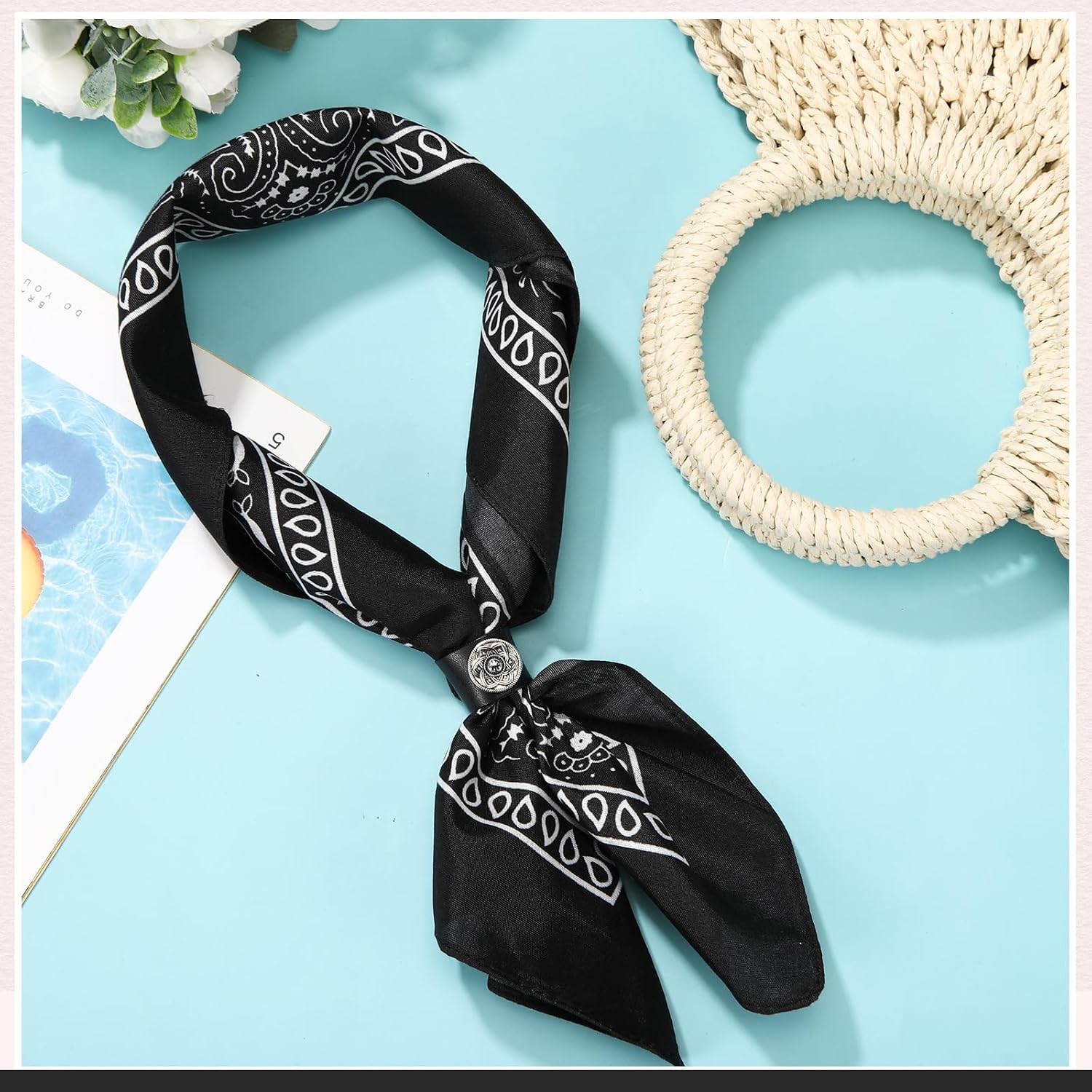 Bandanas Scarf with Leather Ring Floral Buckle Paisley Bandana Headwear Western Scarf Gifts for Women Men Halloween image 3