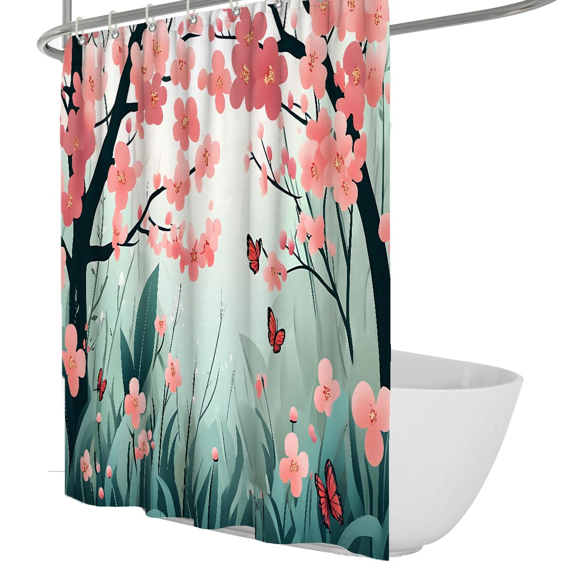 UERWOWELL Japanese Cherry Blossoms and Butterfly Shower Curtain Watercolor Botanical Garden Bath Curtain Mint Green Background Modern Nordic Home Decoration W200xL200 cm