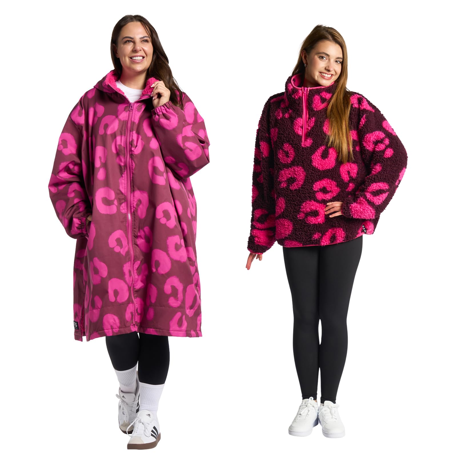 OHS Women's 2 Piece Leopard Print Changing Robe & Half-Zip Teddy Fleece Co-Ord Set Burgundy S/M