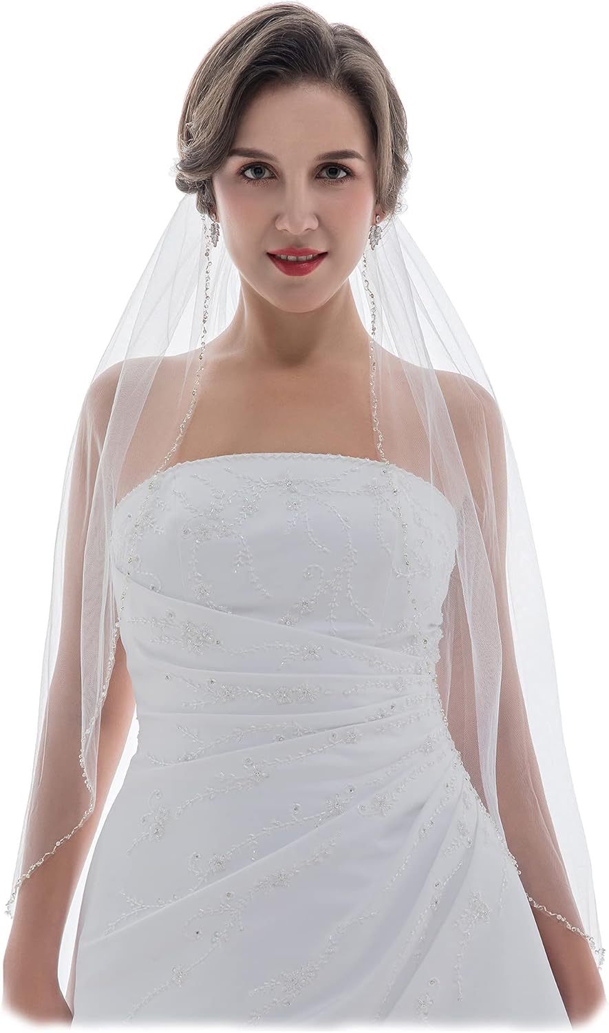 SAMKY 1T 1 Tier Wavy Crystal Beaded Edge Wedding Veil
