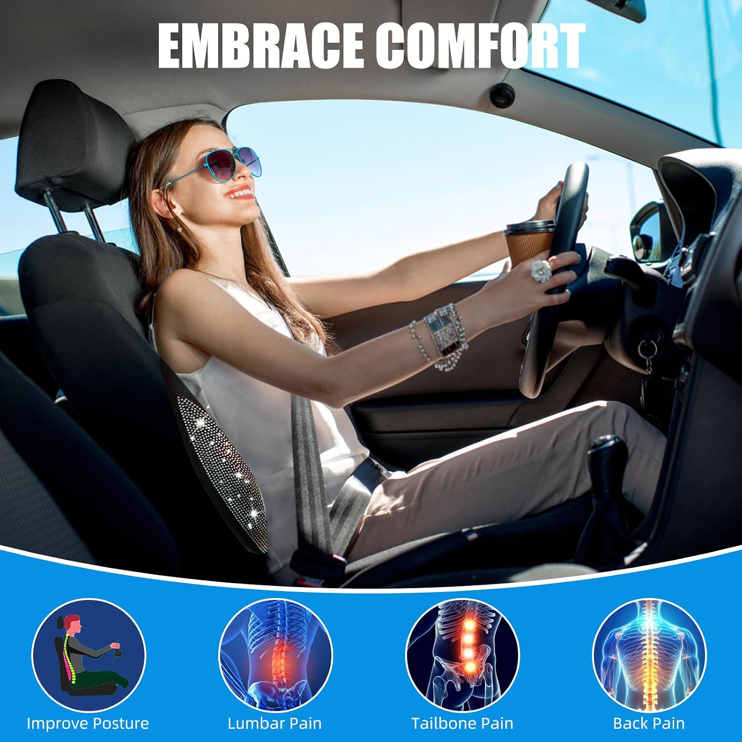 Lumbar Support Pillow with Diamond, Memory Foam Lumbar Pillow for Office Chair for Lower Back Pain Relief, Car Lumbar Support for Driving Seat, Back Support Pillow for car Chair(Black)