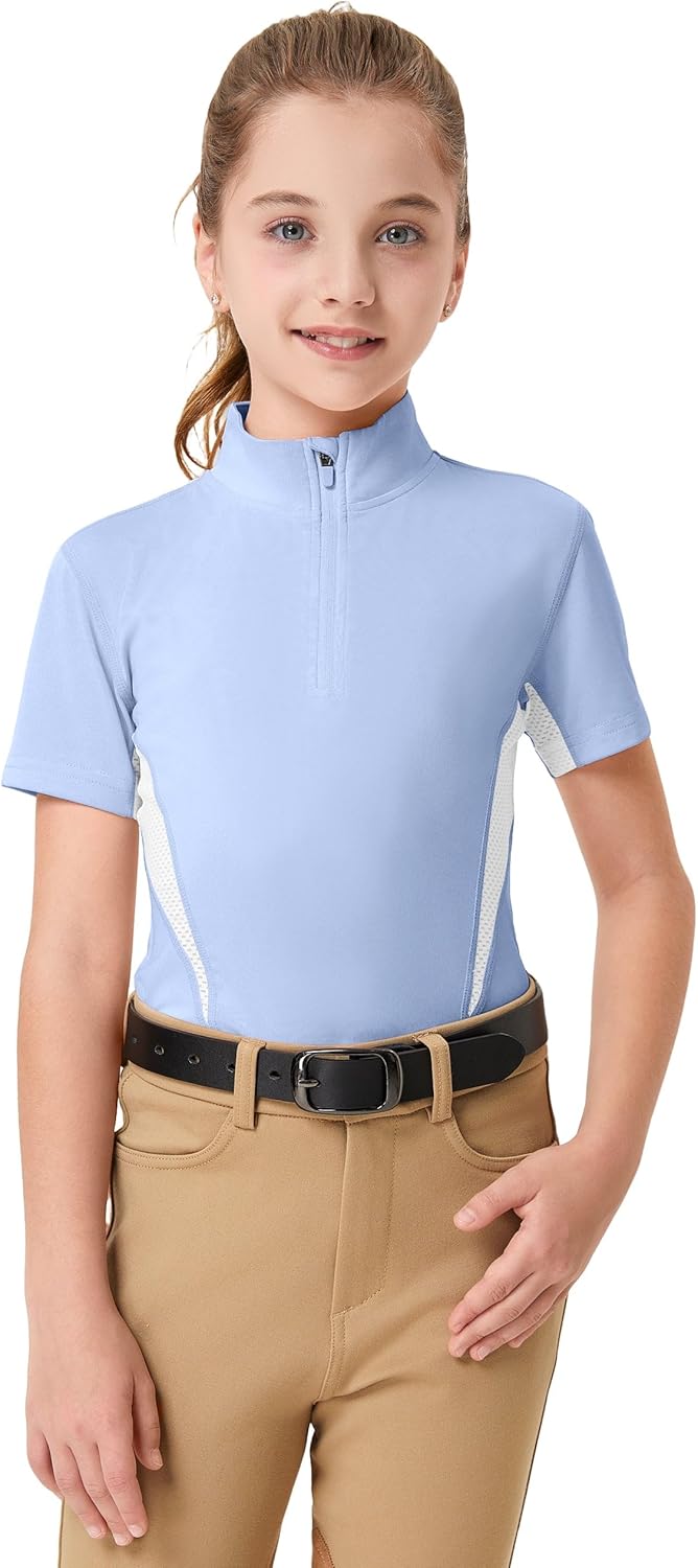 FitsT4 Sports Girls Short Sleeve Equestrian Shirt Quick Dry Horse Riding Shirts Half Zip Horseback Show Shirt