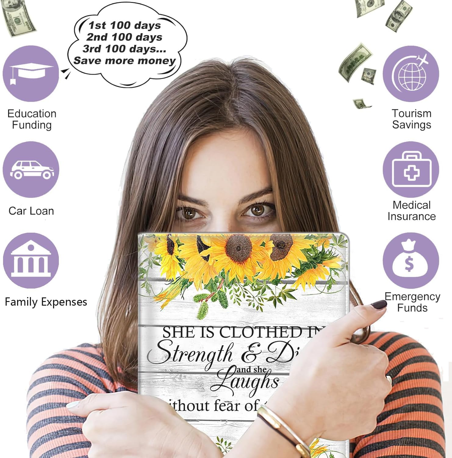 100 Envelopes Money Saving Challenge Binder, A5 Budget Binder with 25 pcs Cash Envelopes, 3 pcs Reusable Laminated Trackers Saving $5050, $500, $10000, Money Organizer,Proverbs 31-25 Sunflowers