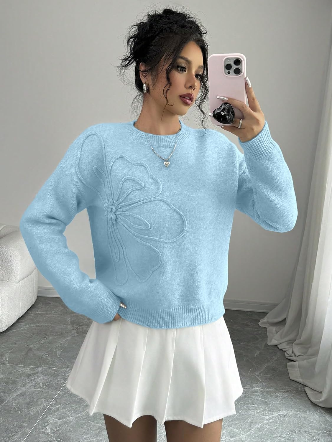 Verdusa Women's Fall 3D Flower Appliques Crewneck Sweaters Long Sleeve Drop Shoulder Pullovers Elegant Knit Tops Light Blue Large - Image 4