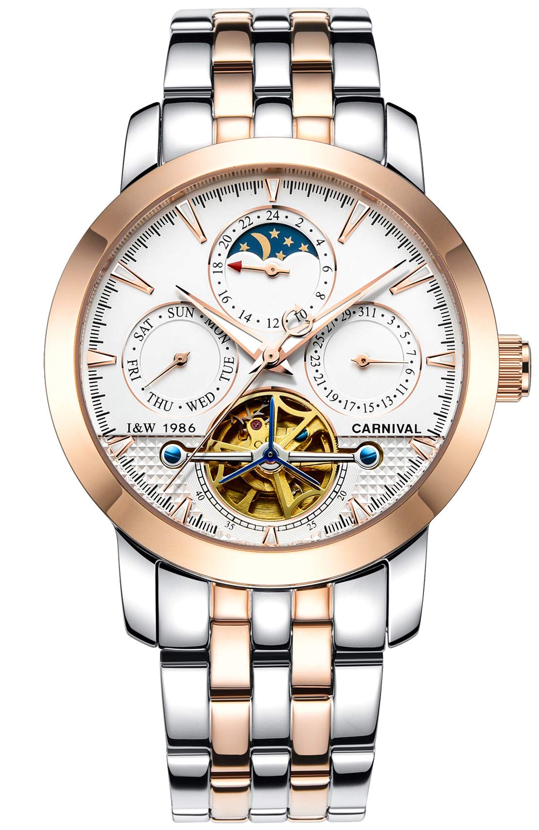 PASOY Men's Watch Automatic Mechanical Tourbillon Stainless Stell Date White Dial Skeleton Watches for Men