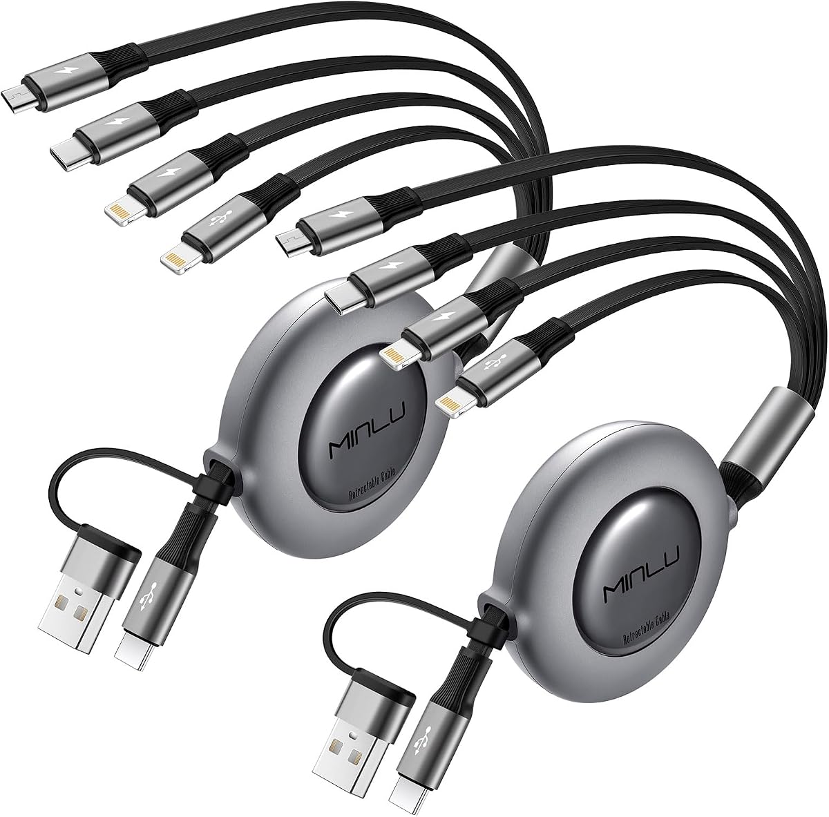 Cable de carga múltiple 4 en 2 4A, cables de cargador universales retráctiles USBA/C | Cable de carga múltiple, USBA/C a tipo C/L/puertos micro USB, cargador de coche universal para iPhone 17-8/Samsung/Tablets/PS-2Pack 4 pies