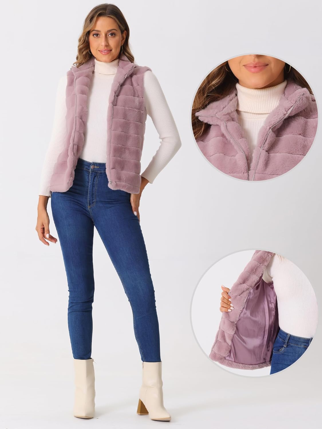 Allegra K Faux Fur Vest for Women's Zip-Up Sleeveless Fur Jacket - Image 3