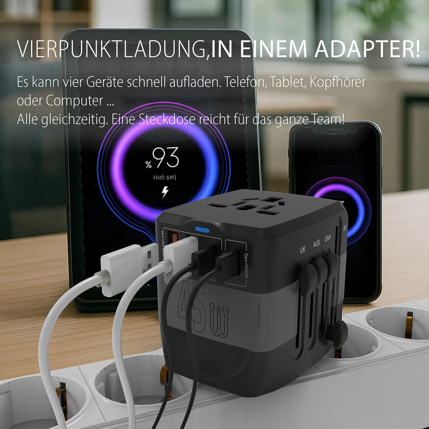 inca IPW-45SA adapter podróżny na całym świecie, 45 W, wtyczka podróżna z 2 USB-C, 2 USB-A, szybkie ładowanie PD 45 W, międzynarodowy adapter do gniazda wtykowego do USA/UE/UK/OFF – ponad 150 krajów