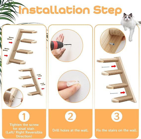 Cat Climbing Rack Reversible Cat Wall Stairs 4 Stair Racks with Jute Scratching Wooden Cat Wall Steps Racks Event Tree Wall Mounted Ivory for Kitty Cats