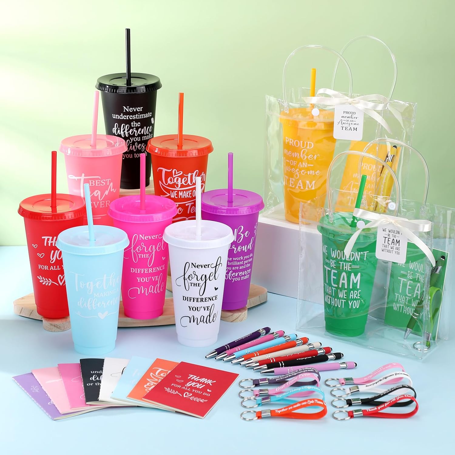 181 Pcs Employee Appreciation Gifts 24 oz Inspirational Plastic Cups with Lid and Straw Notebooks Ballpoint Pens Keychains PVC Gift Bags Thank You Supplies for Teacher Coworker Staff(Novel) - Image 2