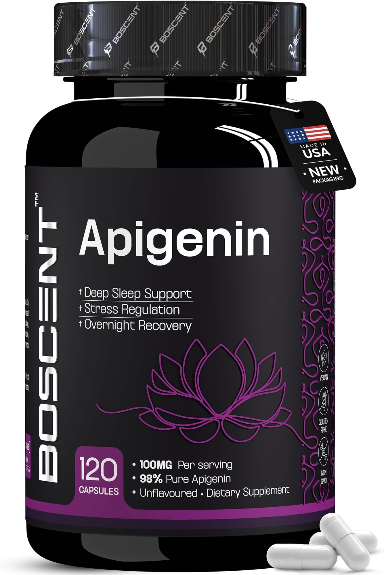 Apigenin Supplement 100mg from Chamomile Extract 120 Count - 98% purity- Apigenin Supplement for Sleep, Mood, Cognition, Prostate health - Excellent sleep aid, Non-GMO, No Fillers - 4-Month Supply