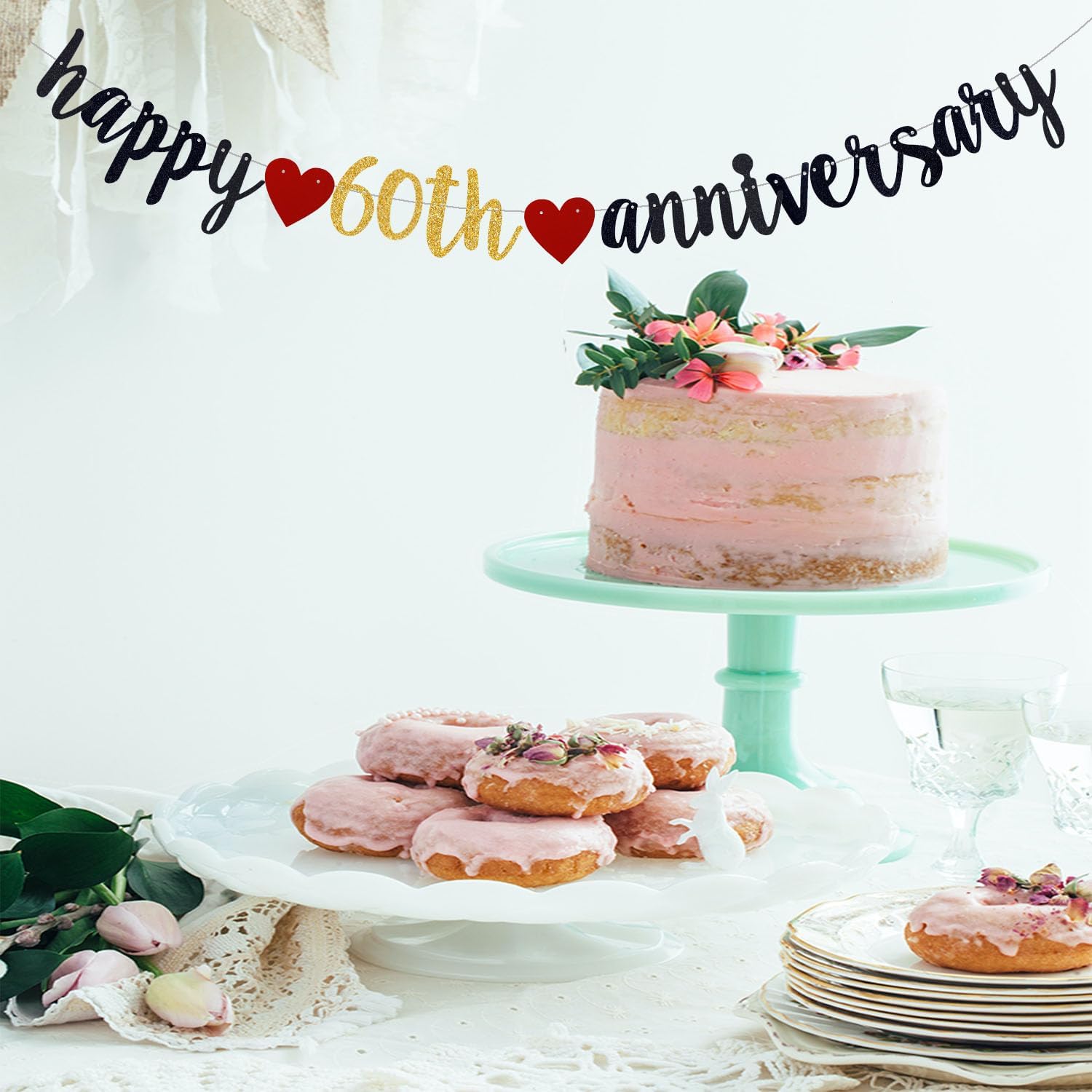 Happy 60th Anniversary Banner, 60th Birthday, Wedding Party Bunting Decoration (Black & Gold, 18 inches x 118 inches) - Image 6