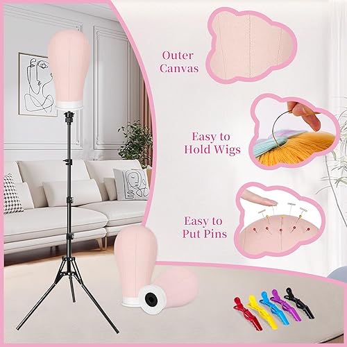 Miniatura 2 de Soporte para peluca Pet Baby con cabeza de 22 pulgadas, trípode de cabeza de maniquí de lona de 63 pulgadas para hacer pelucas, peinado,