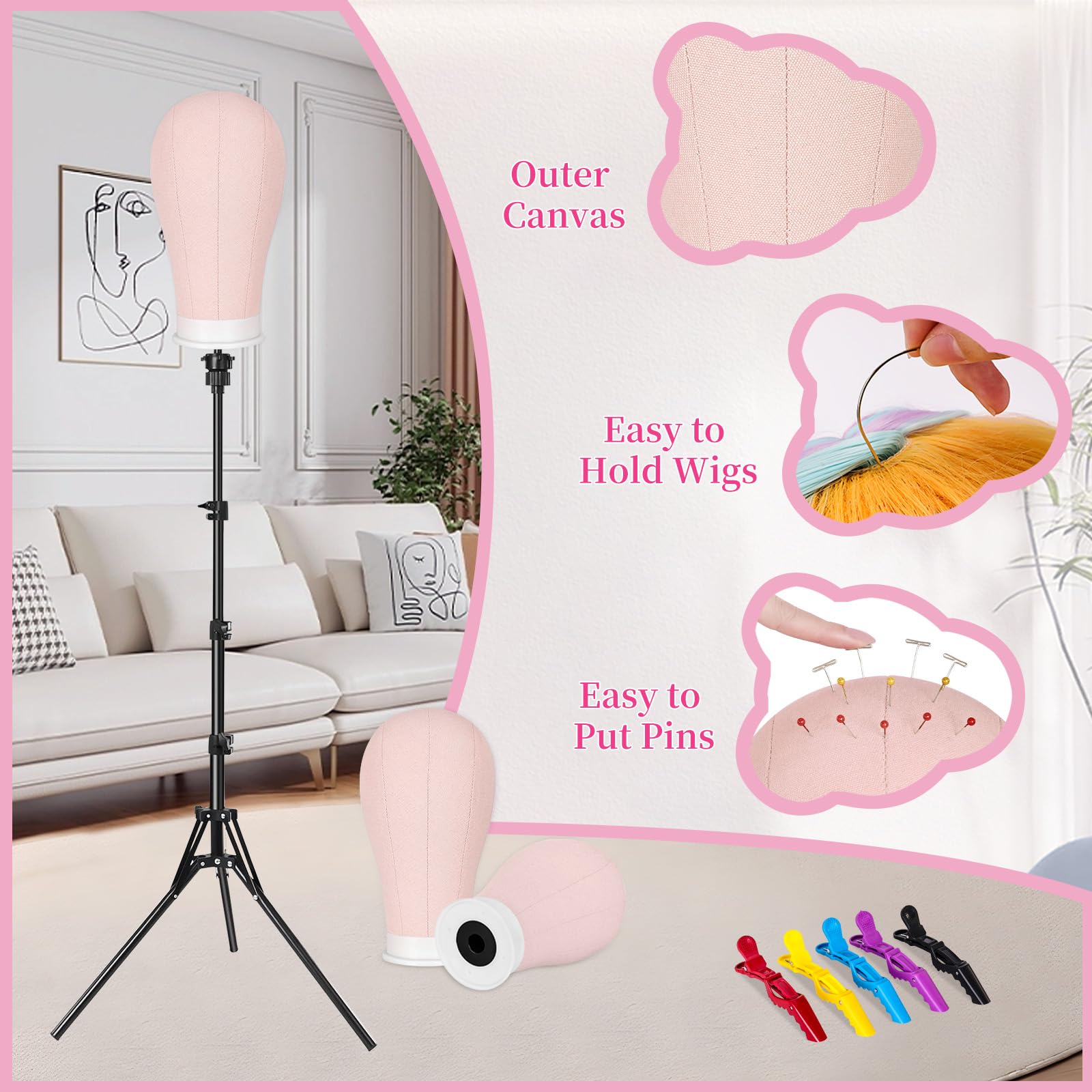 Perückenständer, Stativ mit 55,9 cm Kopf, Perückenkopf-Ständer mit Mannequinkopf für Perücken, Manikin-Kopf-Block-Set für Perückenherstellung, Rosa