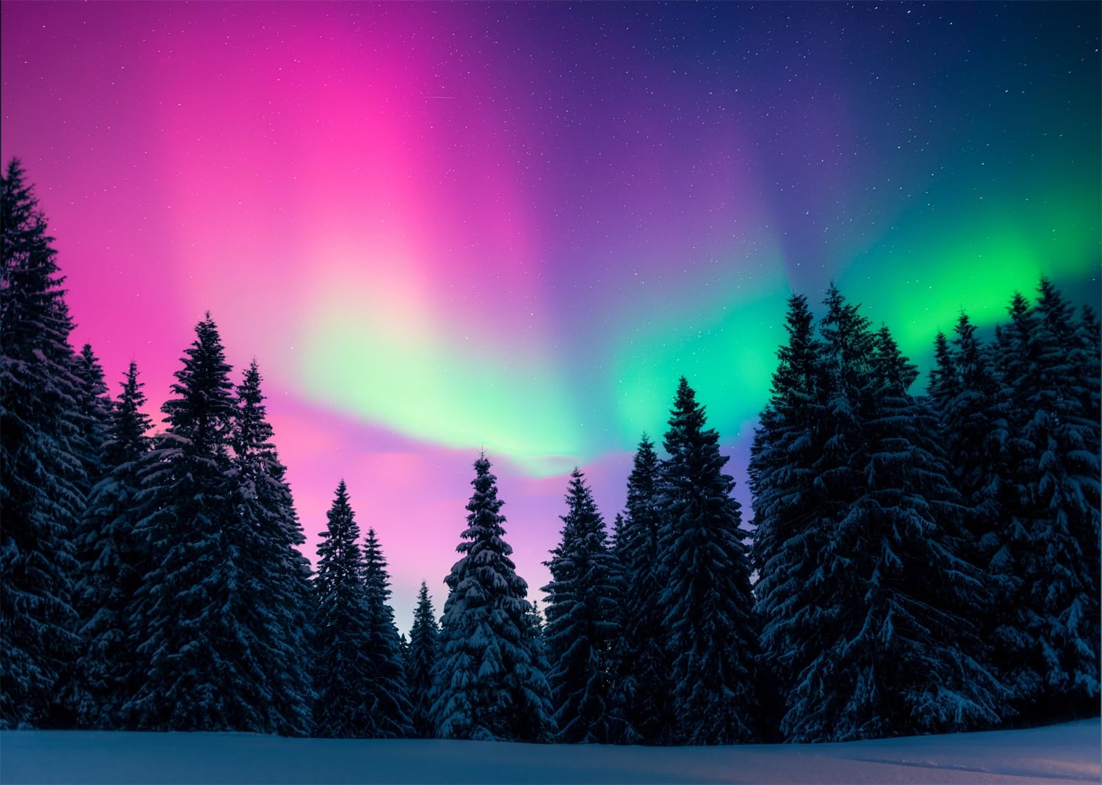 Stoff 3x2,5m (10x8FT) Nordlichter Schneewald Fotohintergrund Rosa Grüner Himmel Kiefern Kulisse für Winter Feiertag Porträt Familie Erwachsene