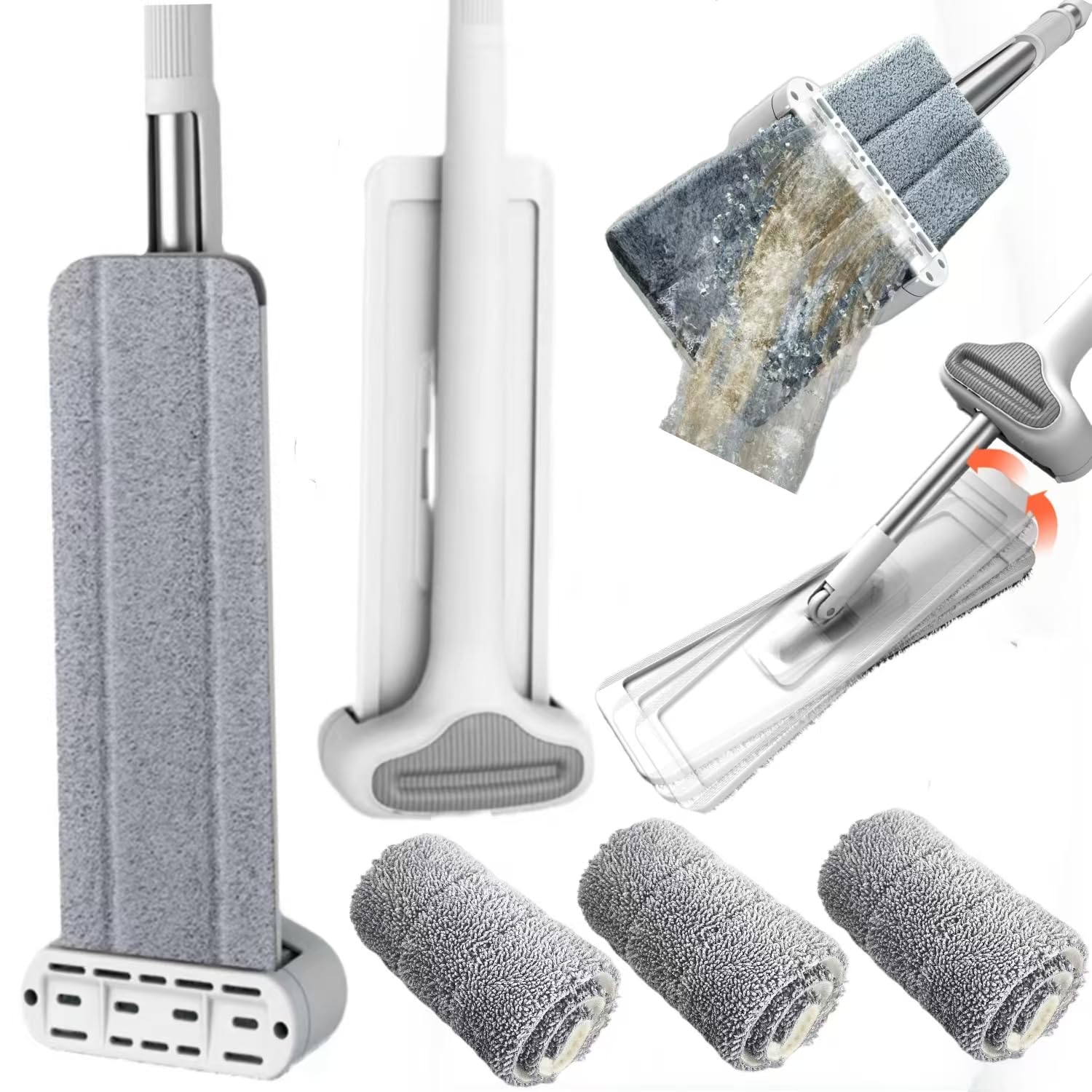 360 Hands-Free Self Wringing Floor Cleaning Mop, Flat Mop - Microfiber with 4 x Washable Pads, Hand Washing Free for Hardwood and Window, White