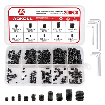 200Pcs Socket Set Screw Internal Hex Drive Cup Point Allen Grub Screws Assortment Kit Black Alloy Steel Metric M3 M4 M5 M6 M8 Black