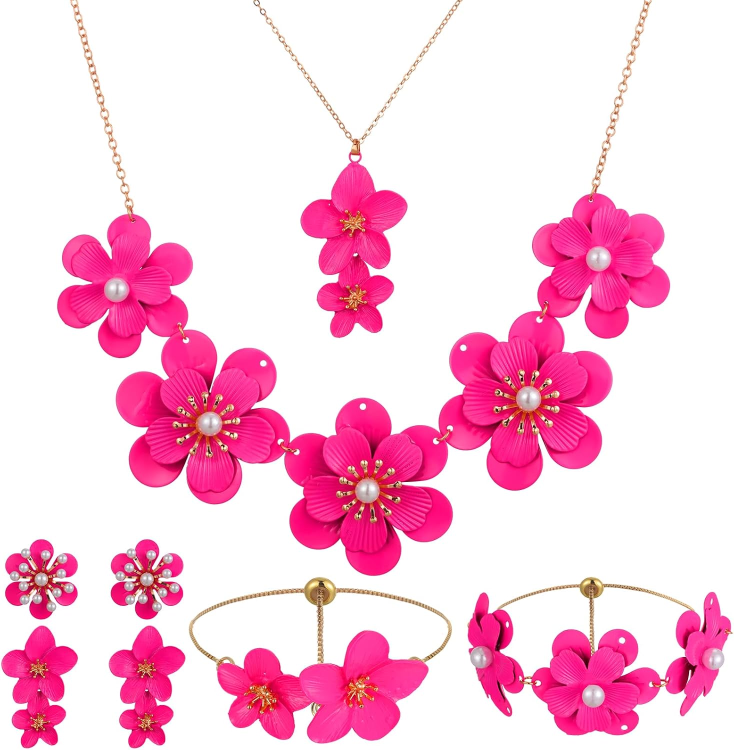 Tondiamo 6 Pcs Flower Statement Necklace Floral Summer Beach Jewelry Set with Earrings Bracelet Gift for Women Mom