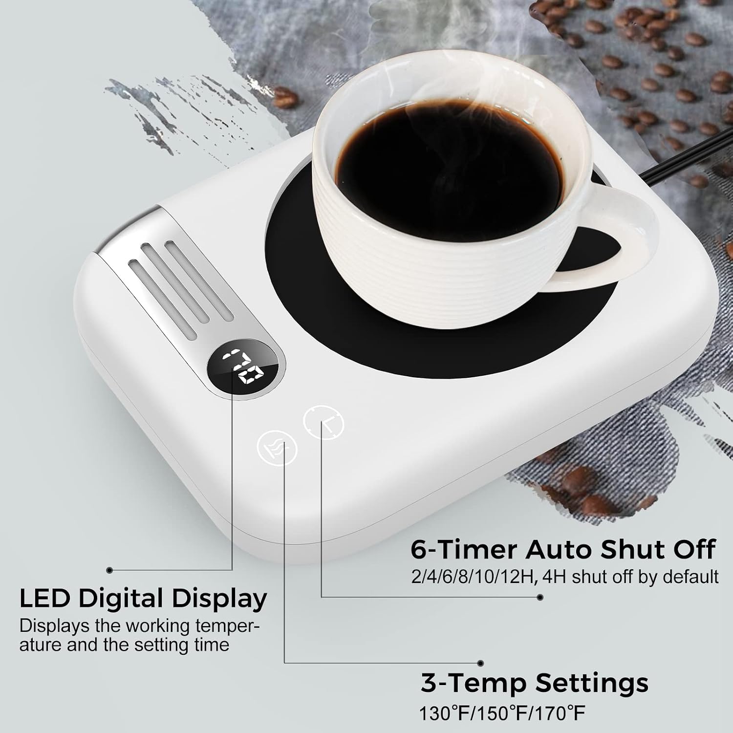 Coffee Mug Warmer with Auto Shut Off Timer, Mug Warmer & Coffee Warmer for Desk with Auto On/Off, Smart Coffee Cup Warmer with 3 Temperature Settings, Mug Warmer with LED TEM/TIME Display, Best Gift
