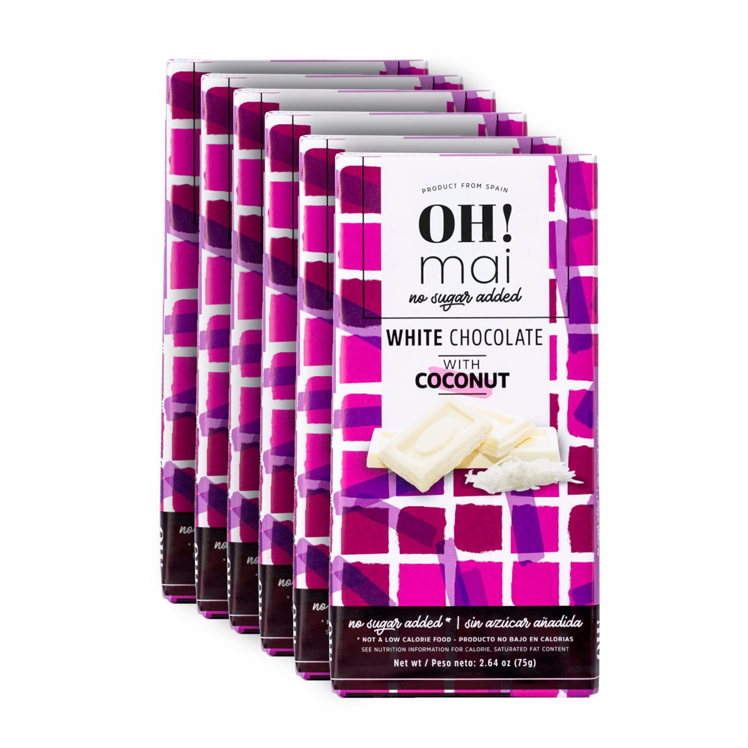 OH! MaiWhite Chocolate with Coconut Bar 2.64 oz -  No Sugar Added, Gluten Free and Vegan Healthy Snack, Made in Spain (Pack of 6)