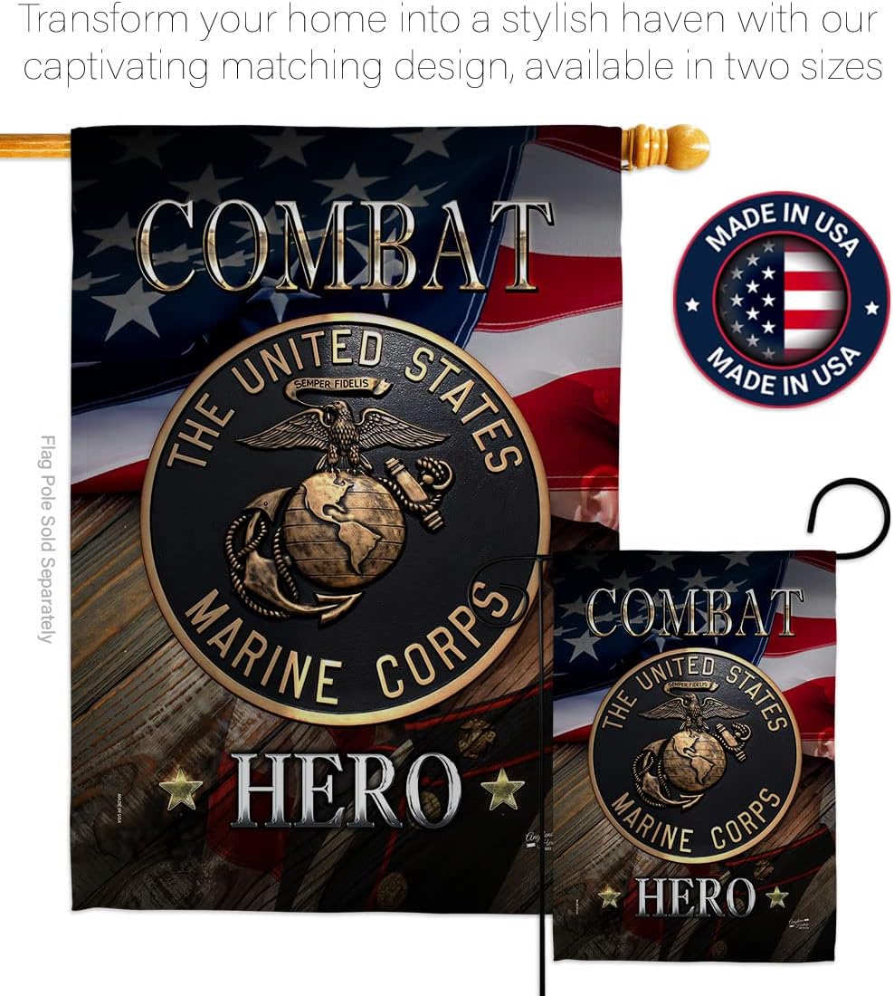 Marine Combat Hero House Flag - Armed Forces Corps USMC Semper Fi United State American Military Veteran Retire Official - Decoration Banner Small Garden Yard Gift Double-Sided Made in USA 28 X 40