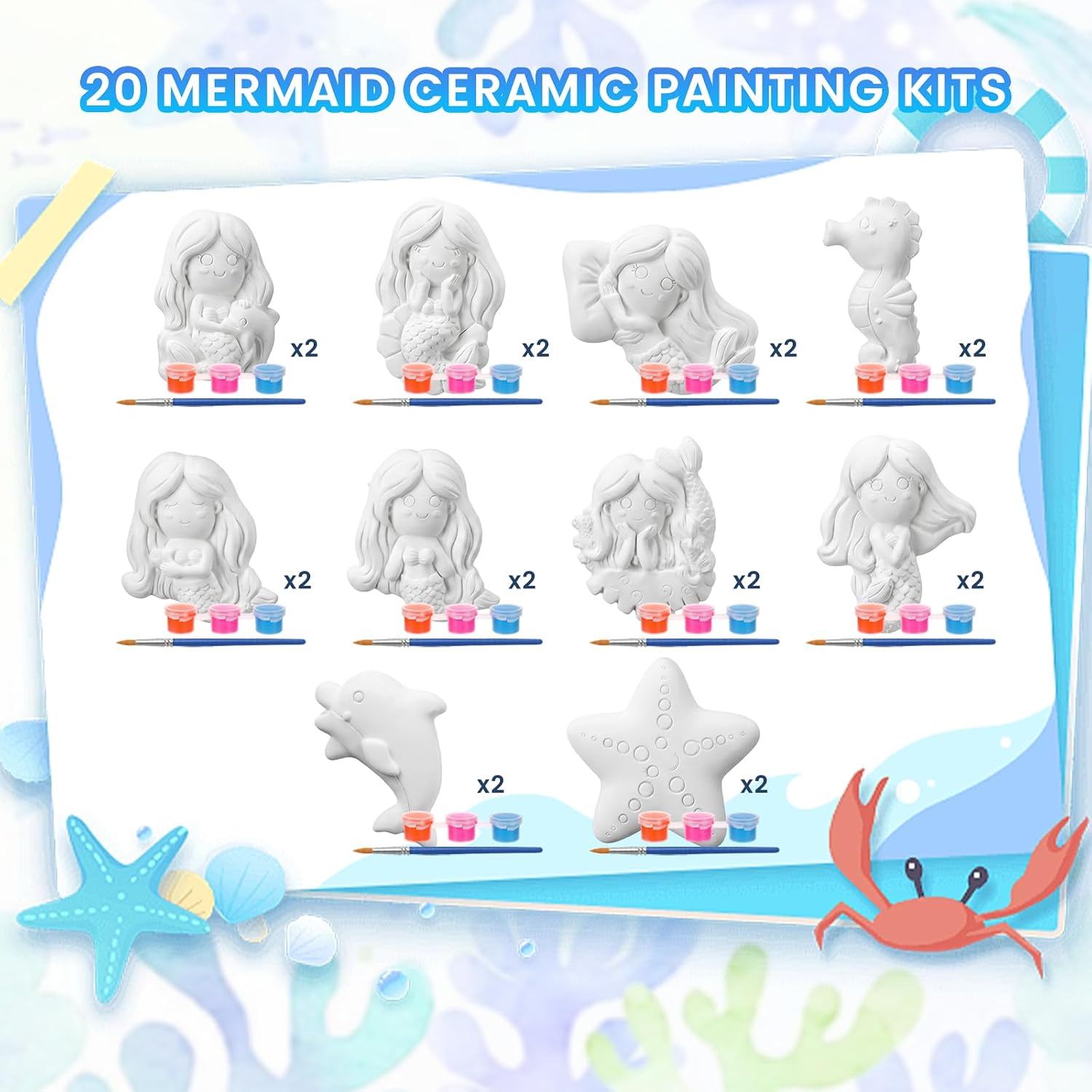 20 Set Mermaid Ceramic Painting Kit Mermaid Party Favors Include Unpainted Statues Brushes and Acrylic Paints DIY Ceramic to Paint Arts and Crafts for Adults Art Supplies Under The Sea Party Favors