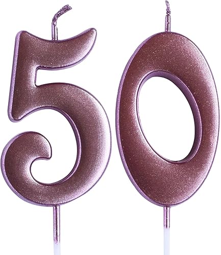 Vela de 50 cumpleaños de rosa, velas de número 50 años de edad, decoración de fiesta de mujer o hombre, suministros