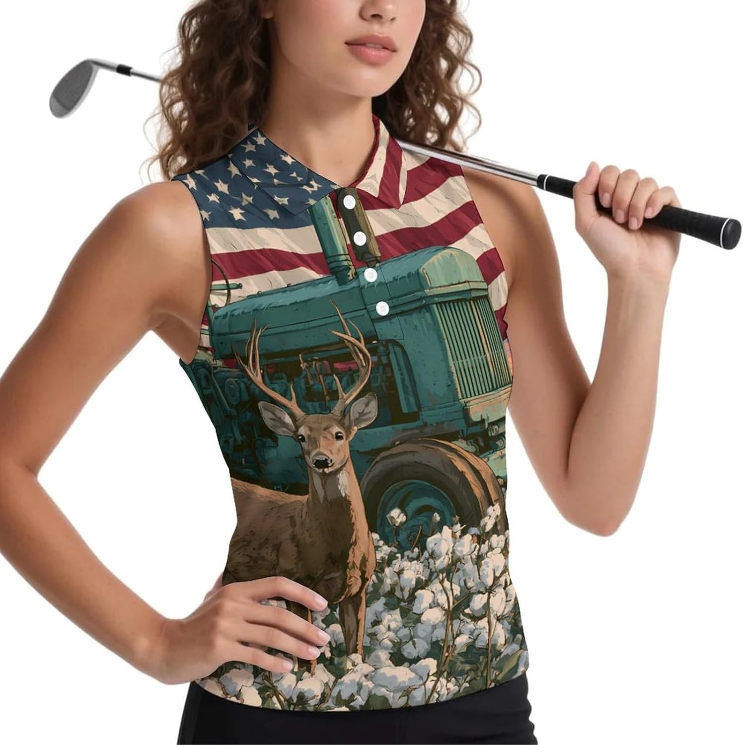 Deer Tractor and U.S. Flag Women Sleeveless Collared Golf Polo Shirt | V Neck Tank Top,Breathable Tennis Shirts